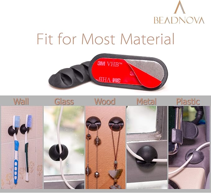 BEADNOVA Cable Clips Cord Organizer Cable Management Wire Cord Holder 3 Slots Adhesive Wire Holder for Car Charging Accessory PC Office Home (Black, 6 pcs)