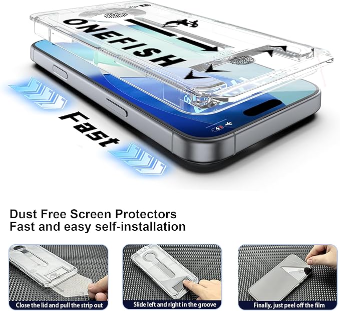 OneFish for iPhone 17 Screen Protector 6.3 inch HD Clear Tempered Glass Full Coverage, 9H Hardness Scratch Resistant, Easy Installation, 2 Pack