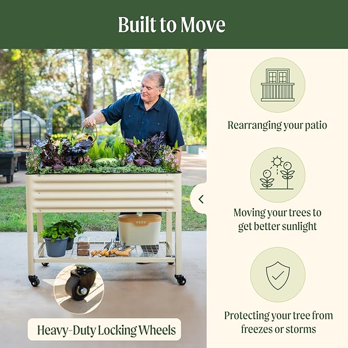 Rolling Elevated Raised Garden Bed-V Series, 2' x 6' Garden Beds with Legs & Storage Rack for Patio & Porch, 1000 Lbs Weight Capacity, Outdoor Planter Box for Vegetables Flower Herbs, Pearl White