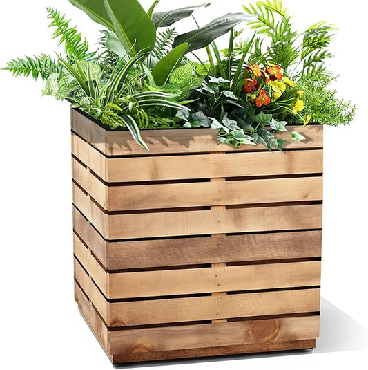 Tall Metal Planter, 17" W×18" H Large Rectangular Planter Box for Outdoor or Indoor, All-Weather Durable Plant Box with Drainage Holes & Removable Shelf for Patio, Porch, Garden, Trees, Flowers