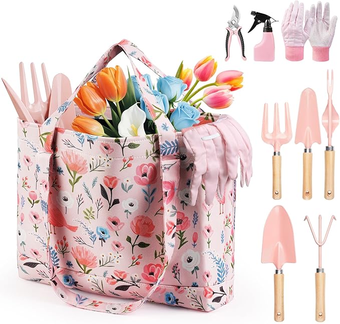 Gardening Tools, 10-Piece Gardening Gift Set for Women, Rust-Proof & Heavy-Duty Tools with Floral Organizer Bag, Fashionable & Thoughtful Gift for Garden Women (Pink Red)