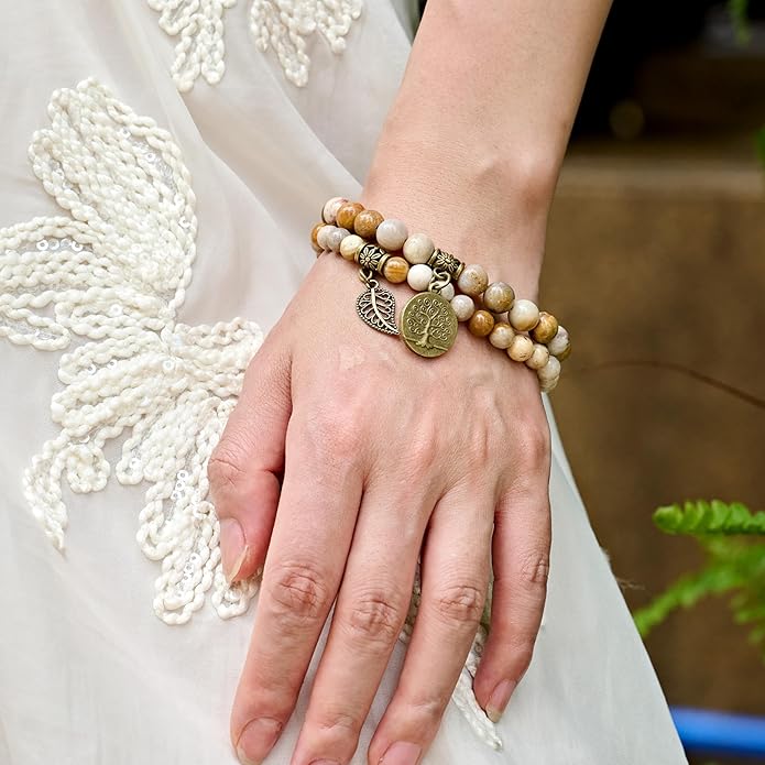 Bivei Natural Semi Precious Gemstone beads bracelet for women - Life Tree and Leaf Charm Energy Reiki Crystal Stretch Bracelets