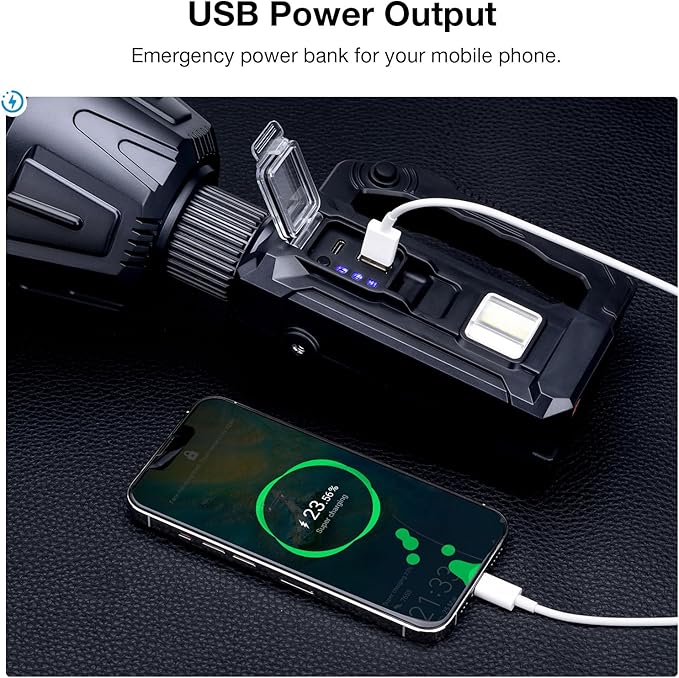 Solar Rechargeable Spotlight, 2,000,000L High Lumens Led Spot Lights Outdoor Handheld Super Bright Long Range Flashlight with 6 Modes, 3 Colored Filters, Tripod, USB C for Fishing Boating