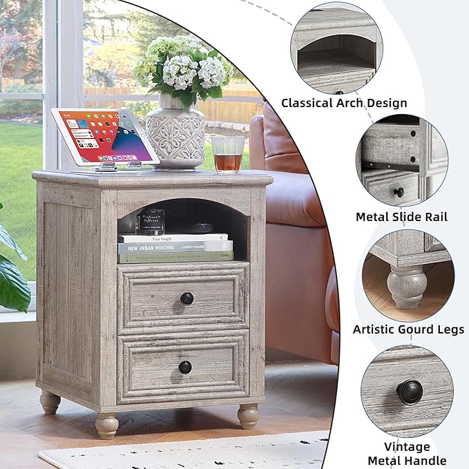 18" Farmhouse Night Stand with Charging Station, Gray Wood Nightstand with 2 Drawers, Bedside End Table with Shelf Storage, Bed Side Tables Cabinet for Bedroom, Living Room, and Closet