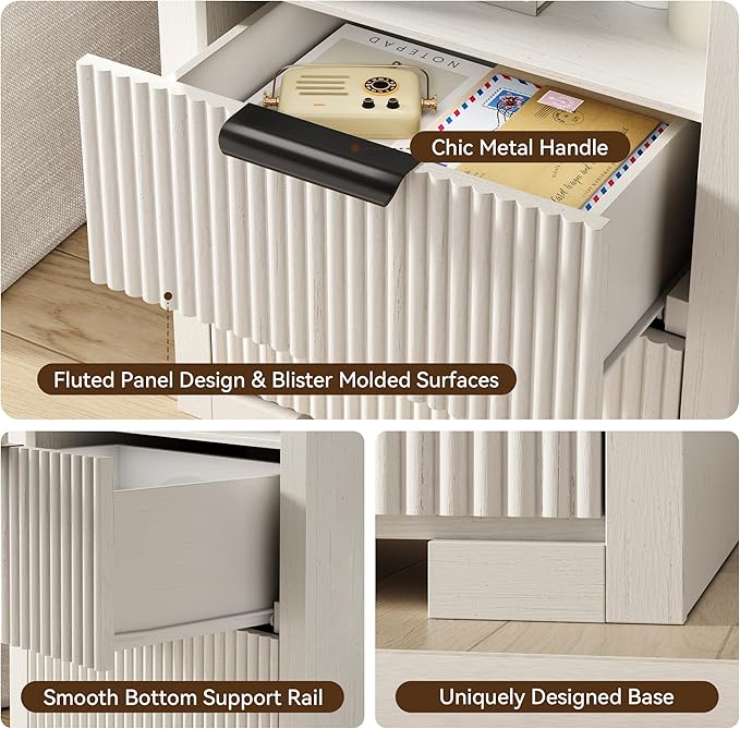 Fluted Nightstand with Charging Station, Night Stand with 2 Drawers, End Table with Storage, Bed Side Table for Bedroom, Modern Nightstand for Living Room, White