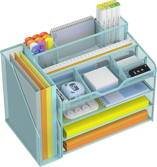 Docnest 4 Tier Mesh Desk Organizer with File Holder – Multi-Functional Paper Letter Tray with 5 Adjustable Compartments, 3 Pen Holders, Desktop Storage for Files, Mail, Stationery – Blue