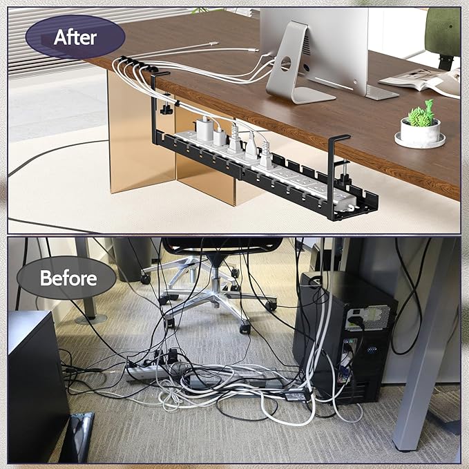 Shikha Cable Management Under Desk, 15.7"-31" Retractable Cable Management Tray, No Drilling Cord Organizer with Clamp for Desk, Under Table Wire Management Tray for Home Office