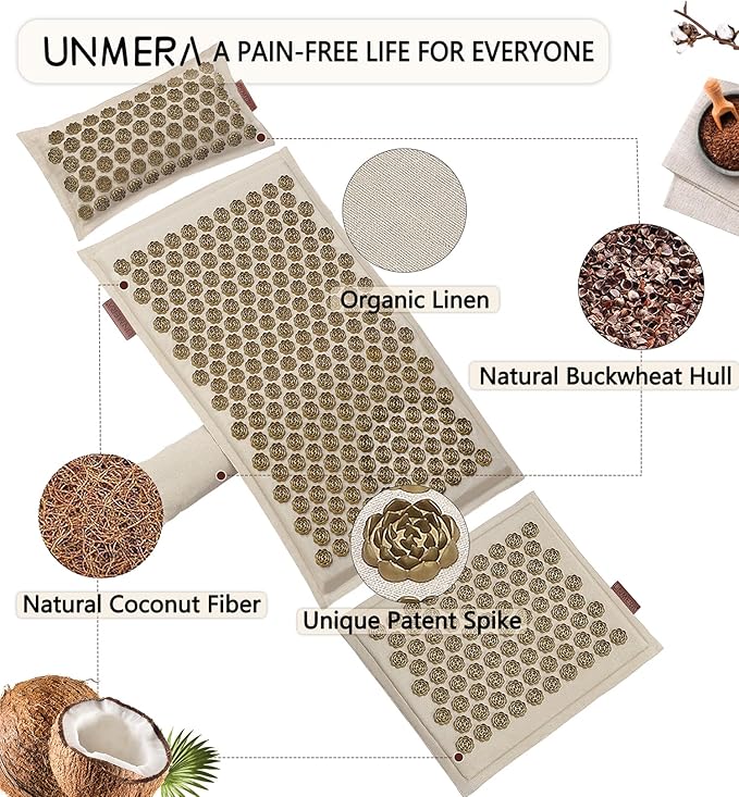 UNMERA Acupressure Mat and Pillow Set,Natural Premium Linen & Coconut Fiber Filling,for Back/Neck Pain Relief, Sciatic, Headache and Muscle Relaxation, Comes with Carrying Bag