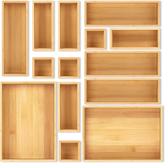 Bamboo Drawer Organizer Set, 14 PCS Multi-Use Individual Wood Storage Organizers, Junk Drawer Divider and Storage Trays Containers for Kitchen, Bathroom, Office Desk, Makeup, Jewelry, Utensils