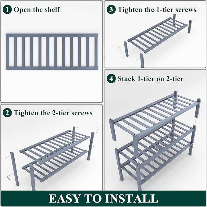 Smiry Shoe Rack, 3 Tier Thick Bamboo Shoe Organizer, Stackable Free Standing Wooden Shoe Storage Shelf for Closet, Entryway, Front Door Entrance, Grey