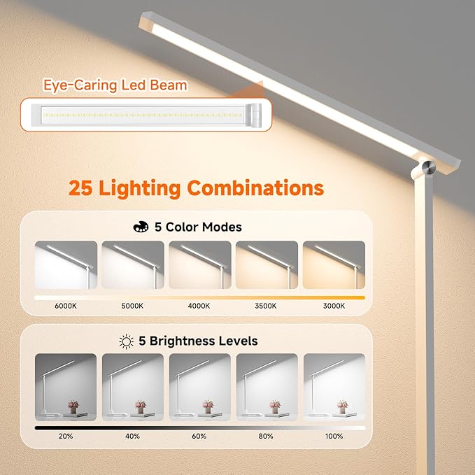 ShineTech LED Desk Lamp for Home Office, Dimmable Desk Light with 25 Lighting Combinations and USB Port, Memory and Timer Folding Reading Light for Study Nightstand, White