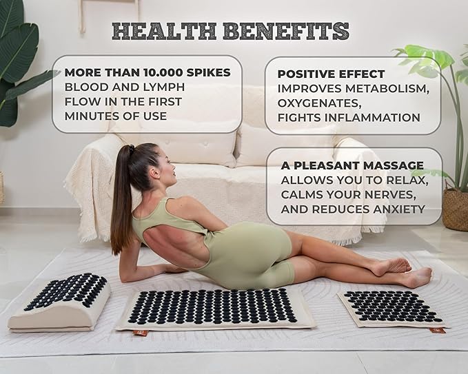 Acupressure Mat & Pillow – Pain Relief and Relaxation Kit for Back, Neck, and Sleep, Suitable for Yoga, Meditation, or Daily Use (Soft Cream)