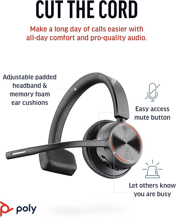 Poly Voyager 4310 UC Wireless Headset (Plantronics) - Single-Ear Bluetooth Headset w/Noise-Canceling Mic - Connect PC/Mac/Mobile via Bluetooth - Works w/Teams, Zoom, & More - Amazon Exclusive
