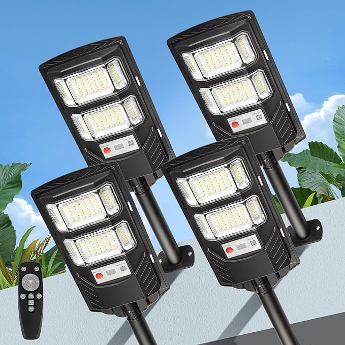 4 Pack LED Solar Street Lights Outdoor Waterproof Dusk to Dawn Solar Powered Flood Light Outside Security Lamp for Backyard Garden