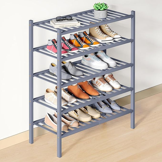 Smiry Bamboo Shoe Rack for Closet, 5 Tier Wooden Stackable Shoe Organizer, Free Standing Shoes Storage Shelf for Entryway, Front Door Entrance, Grey