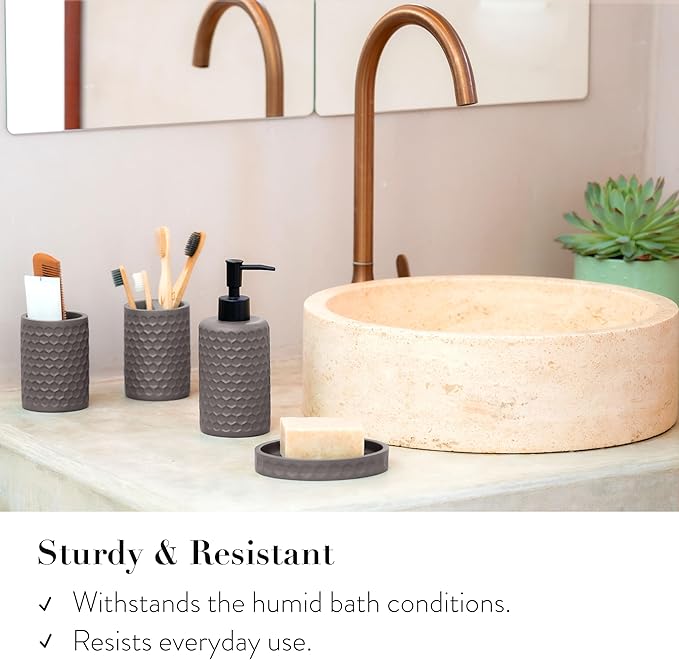 zccz Bathroom Accessories Set 5 Pcs - Soap Dispenser, Toilet Brush Holder, Toothbrush Holder, Bathroom Tumbler, Soap Dish - Vintage Bathroom Accessory Set Decor Countertop Vanity Organizer, Warm Grey