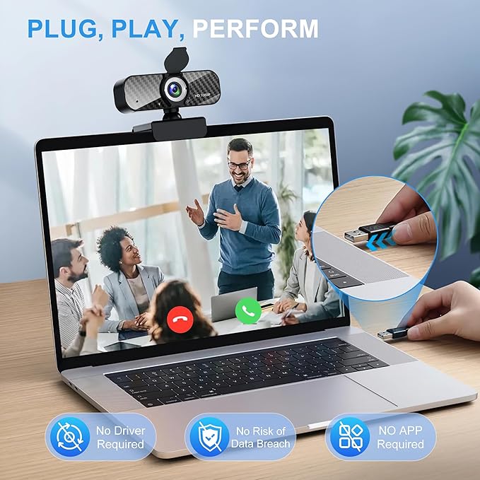 Webcam Full HD 1080P with Built-in Microphone and Rotatable Tripod, Carbon Fiber Board and Privacy Cover, Auto Light Correction, Adjustable FOV, Plug&Play for Zoom/Skype/Facetime/YouTube, Laptop/PC