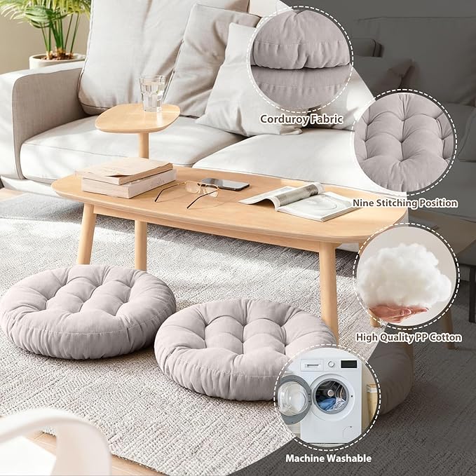 Tiita Floor Pillow Cushion, Round Seat Cushion, Outdoor Floor Pad, Meditation Cushion for Yoga Living Room Sofa Balcony, Set of 2, 22x22 Inch, Grey