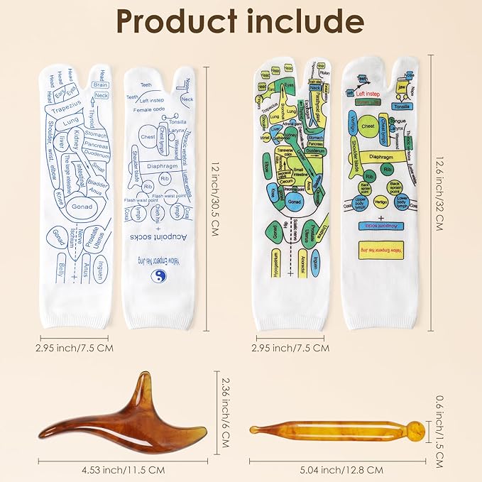 Reflexology Socks Set with Tools, 2 Pairs Chiro Acupressure Acupuncture Trigger Point Foot Pain Relief Remedy Acupoint Massage Birthday Gifts for Women