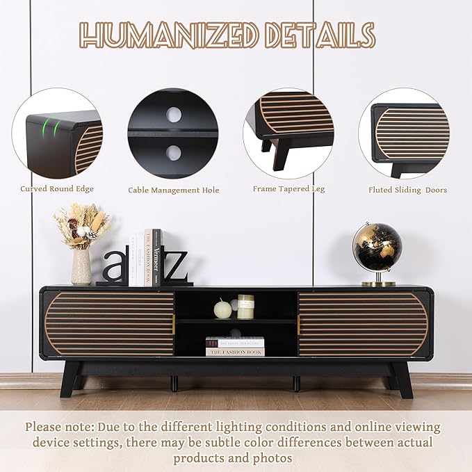 Mid Century Modern TV Stand for 55/60/65 Inch TV, 63" TV Console Table with Fluted Sliding Doors, Entertainment Center and Media Console with Storage for Living Room (Black)