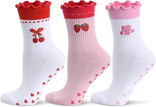 Cute Pilates Socks with Grips for Women Ruffle Cuff Embroidery Non Slip Yoga Socks for Workout, Barre, Pilates Gifts