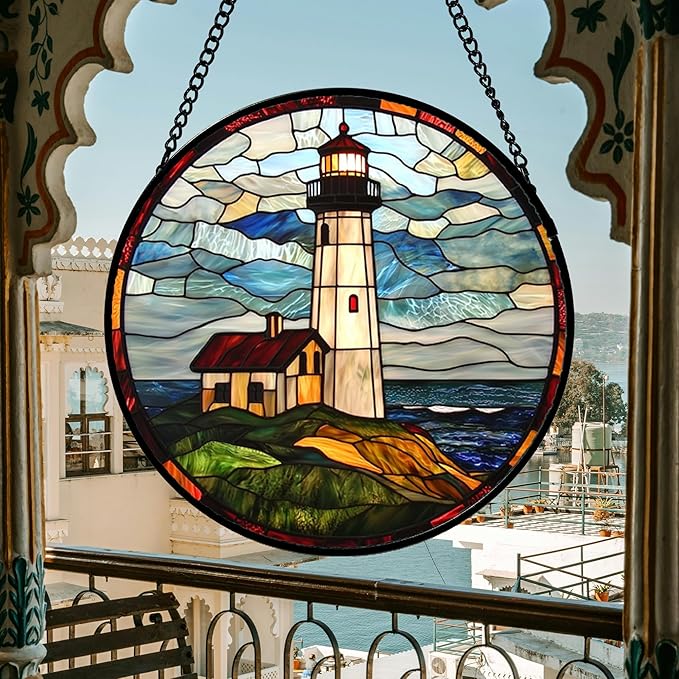 Stained Glass Window Hanging, Ocean Lighthouse Sun Catchers Glass Panel Blue Green Suncatcher Decor for Birthday for Women, Men, Wife, Aunt, and Mom 14.9x14.9 in