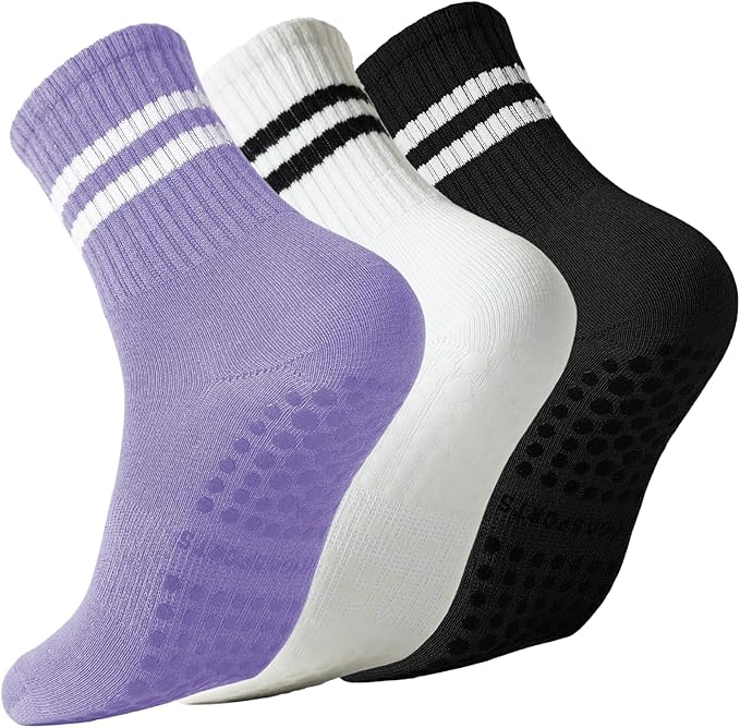 Pilates Socks with Grips for Women Grippy Non Slip Crew Socks for Yoga Barre Hospital Striped 3 Pairs