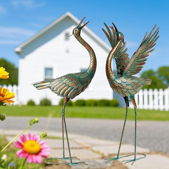 chisheen Crane Garden Statues Outdoor Metal Heron Yard Art Crane for Garden Sculptures Patio Lawn Ornaments,Set of 2