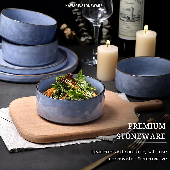 HaWare Dinnerware Sets, 16-Piece Stoneware Plates and Bowls Set, Elegant Ceramic Dish Set for 4, Chip and Scratch Resistant, Microwave and Dishwasher Safe, Reactive Blue
