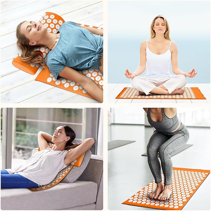 Fitvids Acupressure Mat and Pillow Set for Back/Neck Pain, Acupuncture Products to Relieve Muscle Fatigue, Improve Insomnia for Sedentary People, Acupuncture Eases Stress, Massage Mat, Orange