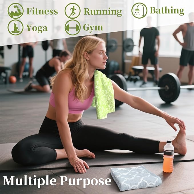 Workout Towels for Gym (2PC, 14"x31") - 100% Cotton, Breathable, Soft & Absorb - Sweat Towel for Men & Women, Sports Towel for Yoga, Tennis, Running, Exercise & Fitness, Green Damask+Gray Checkered