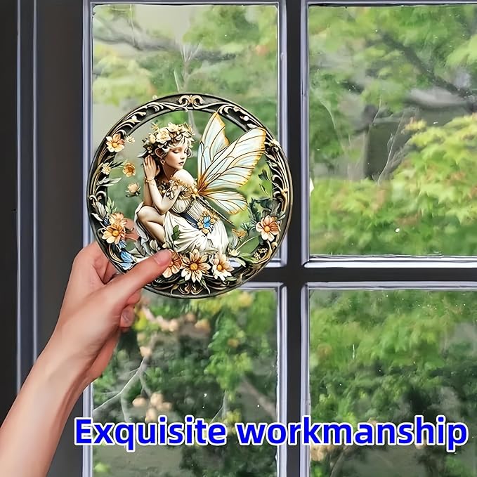 Flower Fairy Garden Decorations Angel Wing Christmas Halloween Deco Statue Art Elf Sculpture Hanging Craft for Outdoor Yard Courtyard Lawn Patio Window Acrylic Ornament Home Gift (A,L: 8*8 IN)