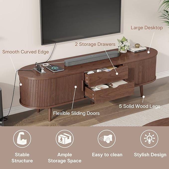 Alohappy 59" Mid Century Modern TV Stand with Power Outlet, Curved Edge Fluted TV Media Console Table with Drawer and Shelf, Farmhouse Entertainment Center for Living Room, Bedroom, Walnut