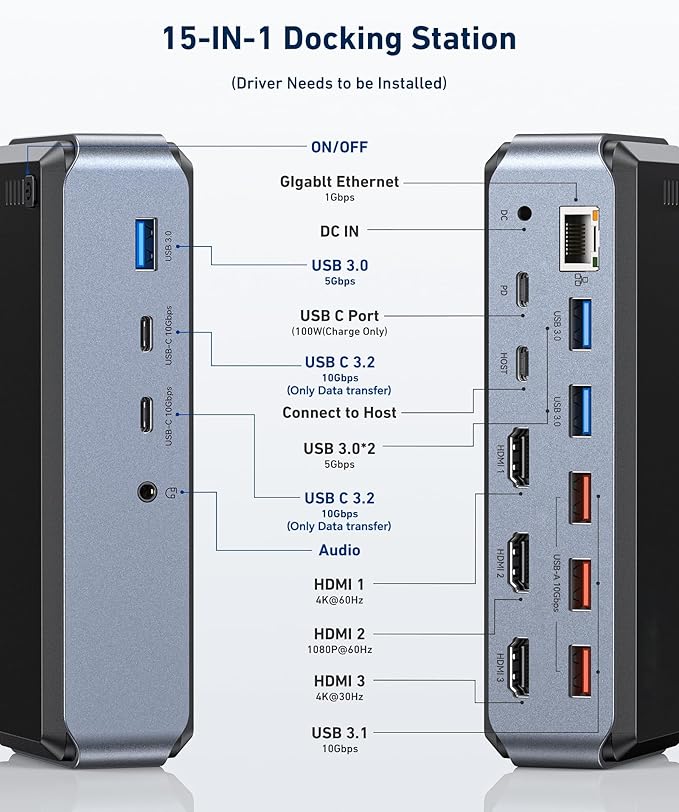 USB C Docking Station Triple Monitor, Raycue 15 IN1 MacBook Pro Docking Station with Power Adapter for MacBook M1/M2/M3/Windows, Laptop Docking Station with HDMI*3, RJ45, 10Gbps USB*5, PD, USB 3.0*2