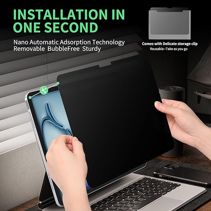 Privacy Screen Protector for iPad Pro 11 Inch M4 2024 5th Generation (A2836 A2837 A3006), Nano iPad Pro 11" Removable Filter Easy Install Film Bubble-Free Guard Anti Blue Light Anti-Spy Shield