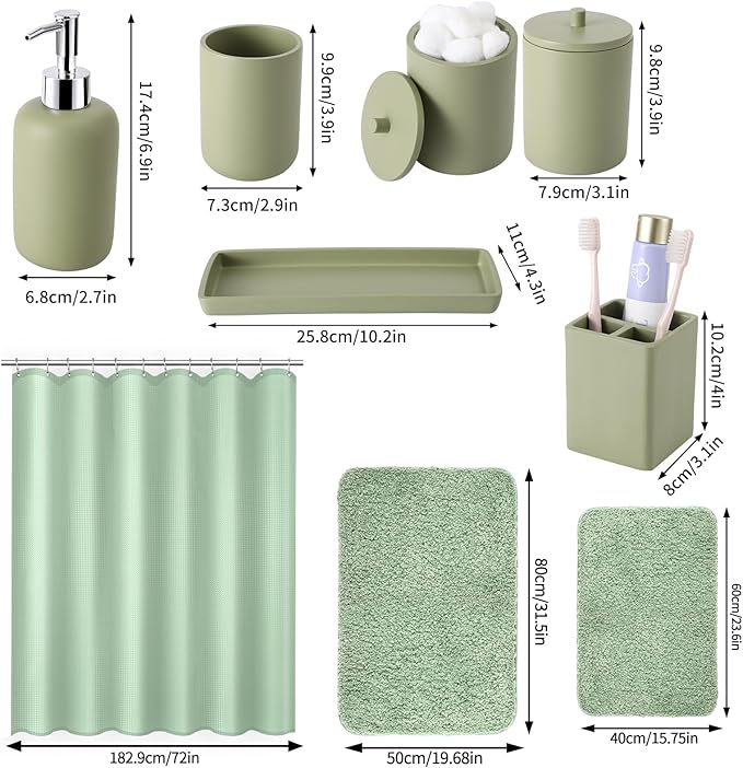 21 Pcs Bathroom Accessory Set with Waterproof Shower Curtain and Non Slip Mat,Resin Bath Set with Toothbrush Holder and Lotion Soap Dispenser,Bathroom Countertop Organizer Set for Home Apartment