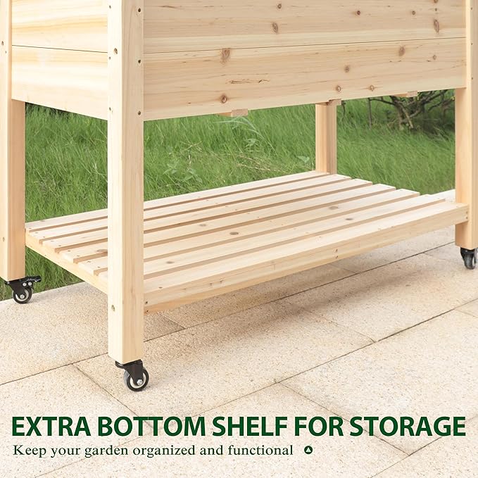 48.03x24.21x32.76in Raised Garden Bed Featuring Legs, Outdoor Elevated Wood Planted Box Equipped with Wheels & Shelf for Vegetable, Flower, Backyard and Patio, Natural