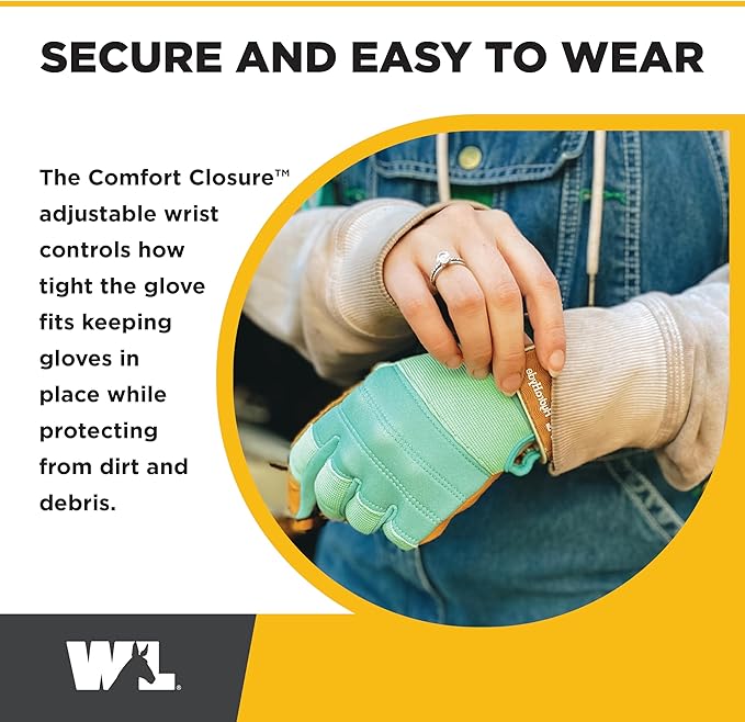 Wells Lamont Women's HydraHyde Leather Hybrid Gloves – Water-Resistant, Durable Cowhide Palm, Spandex Stretch Back – Ideal Landscaping/Farming/Gardening Gloves – Adjustable Wrist – Small, Blue (3250S)