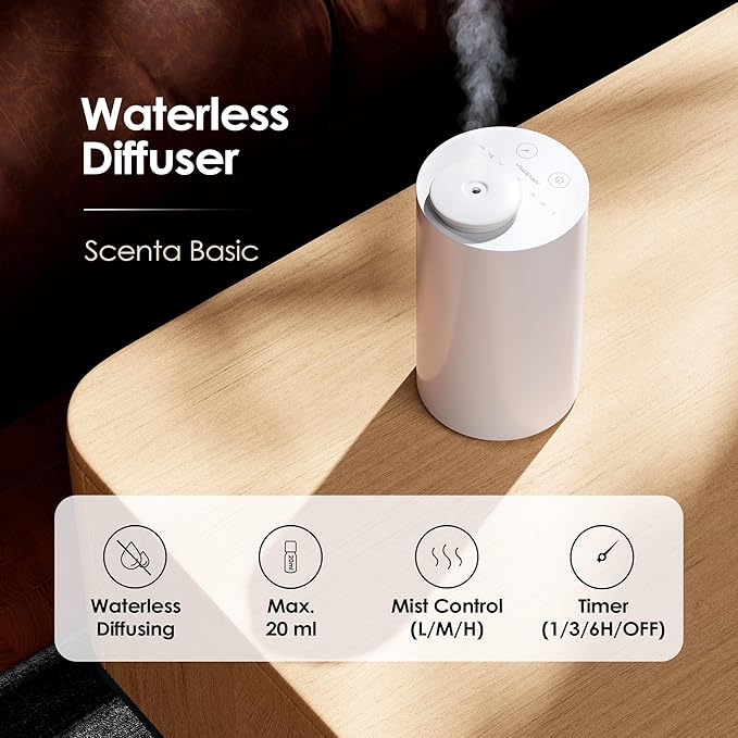Waterless Diffuser for Essential Oil, Battery Operated Nebulizer, 0.7 Fl.Oz./ 20mL Capacity, Mini Scent Air Machine, 3 Countdown Timers & 3 Mist Levels for Home, Room, Car, Office - AN6 White