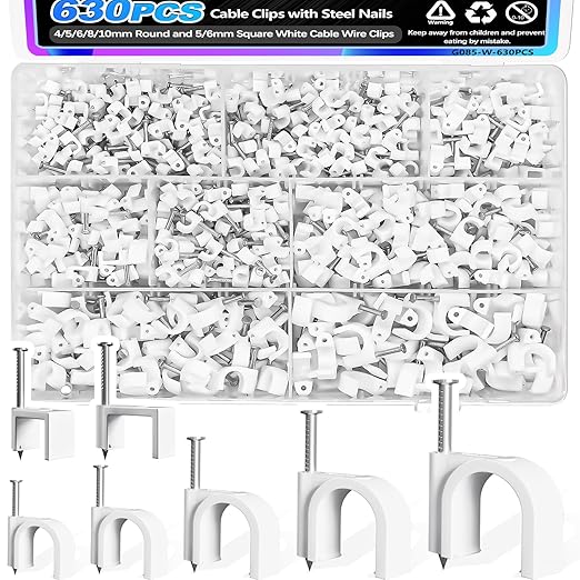 mxuteuk 630PCS Cable Clips with Steel Nails,4/5/6/8/10mm Round and 5/6mm Square White Cable Wire Clips,Wall Clips for Cords,Cable Cord Clips for RG6 RG59 CAT6 RJ45