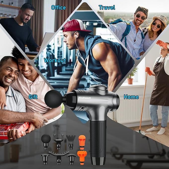 RAEMAO Massage Gun, Massage Gun Deep Tissue, Back Massage Gun for Athletes for Pain Relief Attaching 10 PCS Replacement Heads, Percussion Massager with 10 Speeds & LED Screen, Grey
