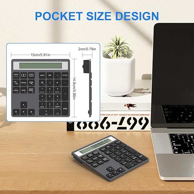 Bluetooth Number Pad - 2.4G Wireless Numeric Keypad with Display Calculator - Wireless Number Pad Slim 34-Key Portable Financial Accounting Numpad Data Entry & Calculation 2in1 for Laptop Desktop PC