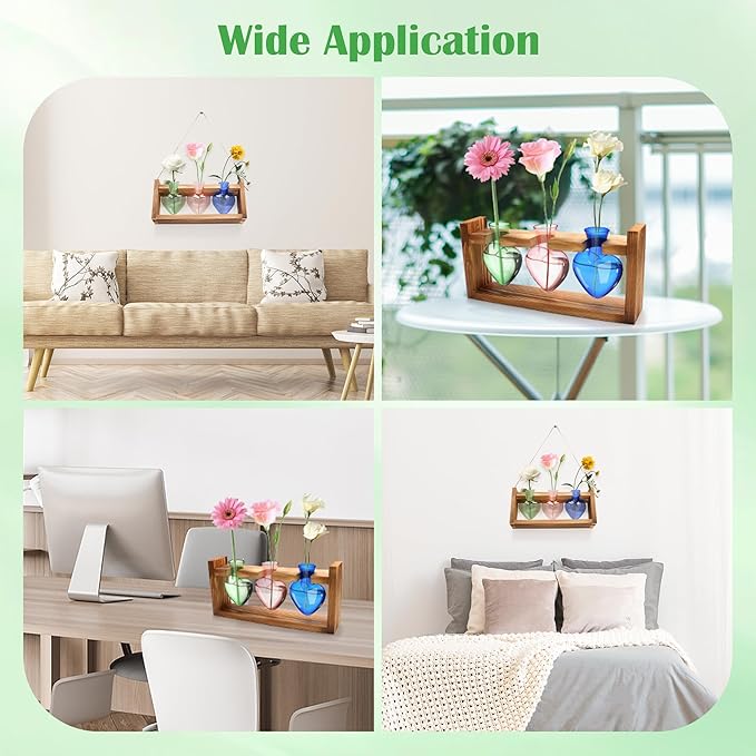 Plant Propagation Station, Propagation Vases for Plants with Wood Stand Heart Shape Glass Planters for Indoor Plants Gifts for Women Plant Lover with a Lanyard