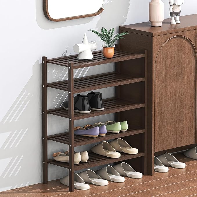 Shoe Rack 5-Tier Organizer Stackable Storage Shelf with Multi-Function Combinations-Free Standing Bamboo Shoe Racks for Closet,Entryway,Hallway,Bathroom,Living Room Shoe Organization (Brown,5-Tier)