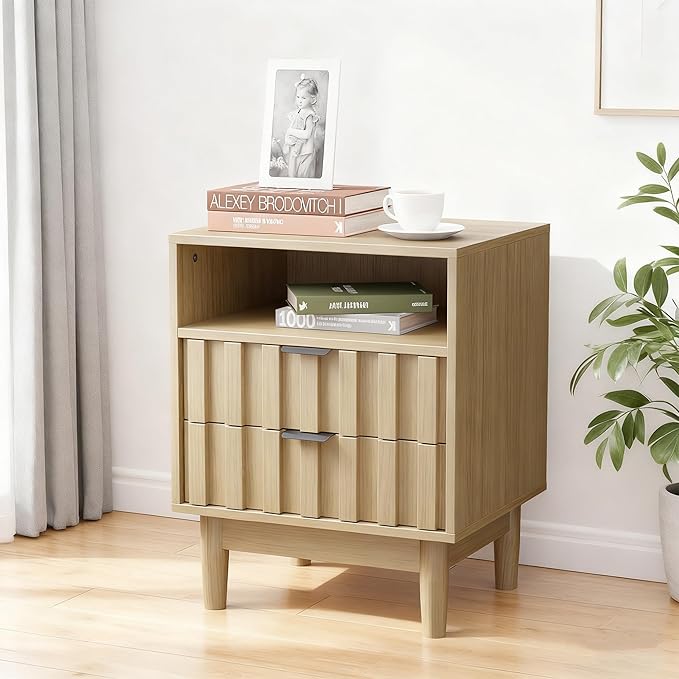 Fluted Nightstand with 2 Drawers, 19" Wide Night Stand with Solid Wood Legs, Open Storage Shelf, Mid Century Modern Wooden Bedside Table for Bedroom, Bed End Side Table, Oak