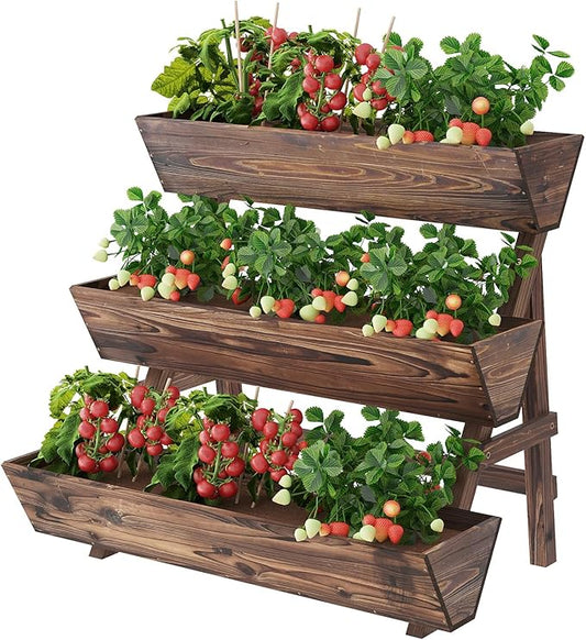 3-Tier Wooden Vertical Raised Garden Bed with Legs, Tiered Planter Box, Vertical Garden Planter,Wood Plant Stand Wood Flower Rack for Patio, Balcony, Freestanding. (Carbonized-Large)