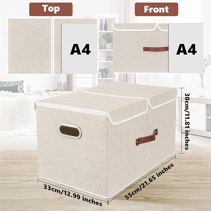 TYEERS Extra Large Collapsible Storage Bins with Lids and Compartments, Washable, Fabric Storage Boxes, 21.7x13x11.8 inches, 1 Pack, Beige