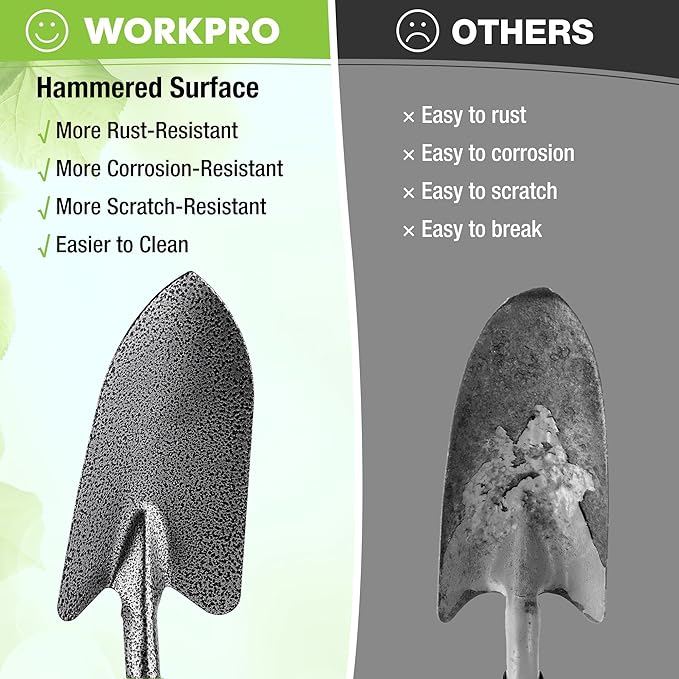 WORKPRO 6-Piece Garden Tool Set, Heavy Duty Gardening Hand Tools with Soft Rubber Handle, Including Trowel, Rakes, 2-in-1 Hoe and Crack Weeder, Ideal Gardening Gifts for Men and Women