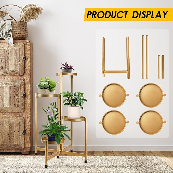 4 Tier Plant Stand Indoor Outdoor, 31 Inch Tall Metal Plant Shelf Waterproof, Plant Holder with Folding Design For Home, Living Room, New Upgrate Gold