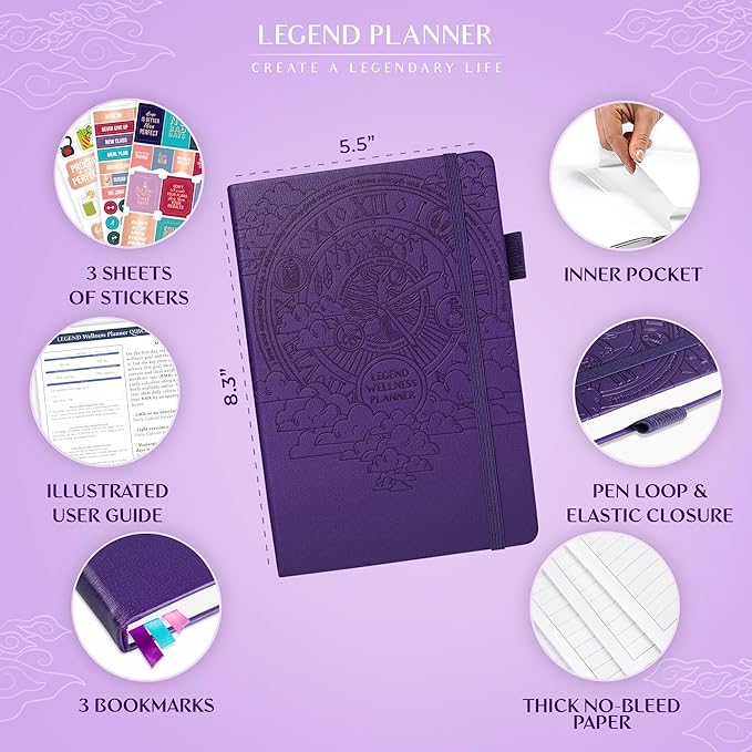 Legend Wellness Planner & Food Journal Pocket – Daily Diet & Health Journal with Weight Loss, Measurement & Exercise Trackers – Lifestyle & Nutrition Diary – Lasts 6 Months, 3.9x6.3″ – Purple